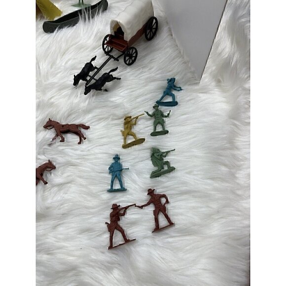Western Playset Plastic Toy Cowboys Native American Horses Wagon Canoe Tee Pee - Picture 7 of 7